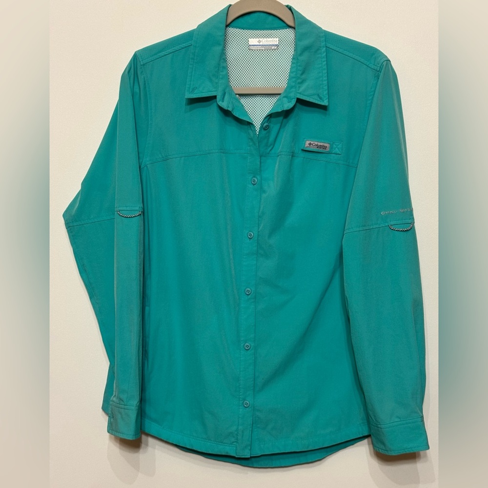 Women Columbia PFG Omni-Shade Water Resistant Turquoise Long Sleeve Shirt Size M